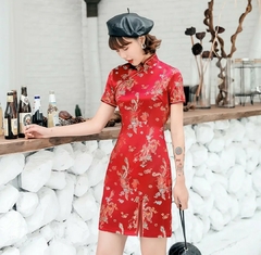 Vestido Curto Dragão e Fênix Fenda Frontal - Vermelho