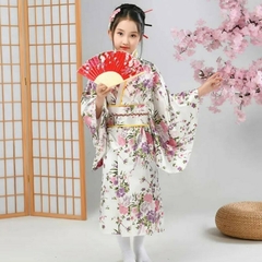 Yukata Infantil Em Seda Estampa Floral - Branca