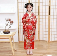 Yukata Infantil Em Seda Vermelha Estampa - Flor Da Fortuna