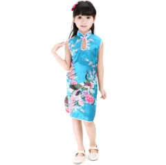 Vestido Infantil Azul Com Estampa De Pavão - Gola Aberta - loja online