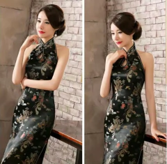 Vestido longo Dragâo e Fênix Preto - Frente única - Kimonos Liberdade