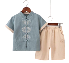 Conjunto oriental menino Algodão Azul com calça - Kimonos Liberdade