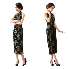 Vestido longo Dragâo e Fênix Preto - Frente única - Kimonos Liberdade