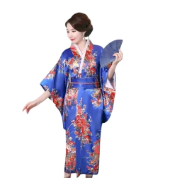 Yukata em Seda Flor Fortuna - Azul Royal - Kimonos Liberdade