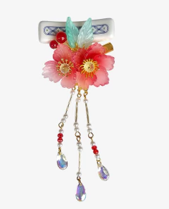 Kanzashi Acessório para cabelo em pedraria com pingente - vermelho - Kimonos Liberdade