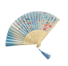 Leque Japonês com flor de Sakura - Azul com Flor vermelha - comprar online