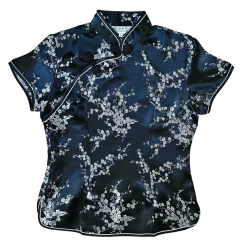 Blusa chinesa Preta com Flor de Cerejeira Prateada