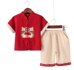 Imagem do Conjunto oriental menino Algodão Vermelho com calça