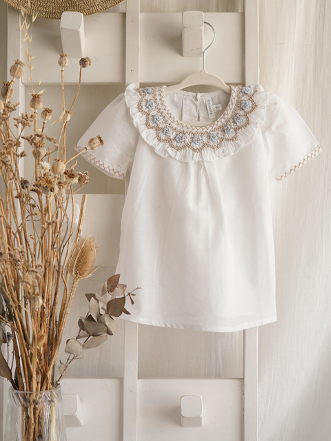 Camisa ANITA Punto Smock Manga Corta Beige y Celeste