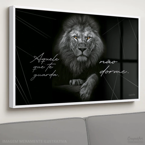 Quadro Decorativo - Leão p/b com frase " Aquele que te guarda, não dorme. " OLHOS COR DE MEL cod0036 - Creapixel Art Quadros Decorativos