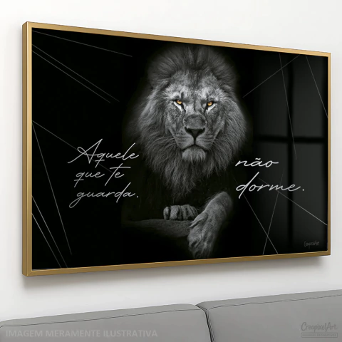 Imagem do Quadro Decorativo - Leão p/b com frase " Aquele que te guarda, não dorme. " OLHOS COR DE MEL cod0036