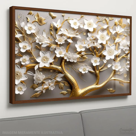 Quadro Decorativo - Árvore de rosas branca e galhos dourado cod0108 - loja online