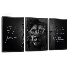Quadros Decorativos - Conj. 3/1 Leão PB e olhos azuis "Tudo posso naquele que me fortalece" cod0282