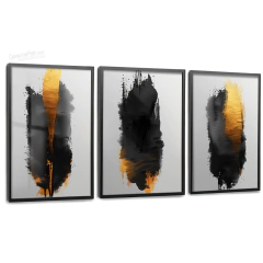 Quadros Decorativos - Conj. 3/1 Abstratos com pinceladas douradas cod0295