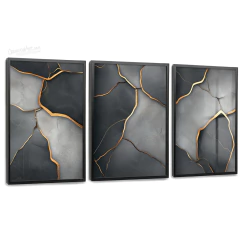 Quadros Decorativos - Conj. 3/1 Artes geométricas abstratas com cores douradas e cinza escuro cod0554 - comprar online