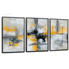 Quadros Decorativos - Conj. 3/1 Artes abstratas com cores amarelo, preto e cinza cod0560 - comprar online