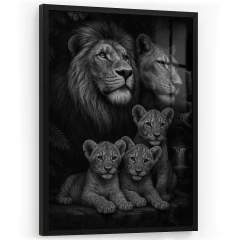 Quadro Decorativo - Casal de Leões com 3 filhotes em preto e branco cod0606 - comprar online
