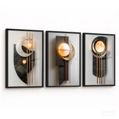 Quadros Decorativos - Conj. 3/1 Abstratos Lunar Dourado cod0657