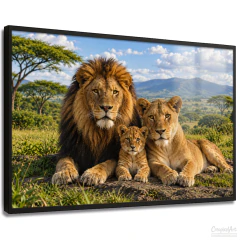 Quadro Decorativo - Família de Leões na Savana com 1 filhote cod0675