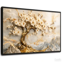 Quadro Decorativo - Árvore Dourada com Flores Brancas, Elegância e Prosperidade cod0681