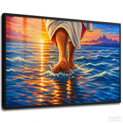 Quadro Decorativo - Arte em Pixel, Jesus Caminhando Sobre as Águas ao Pôr do Sol cod0696