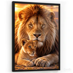Quadro Decorativo - Leão e Filhote, Força, Proteção e Família cod0697