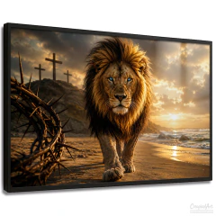 Quadro Decorativo - Leão de Judá com Coroa de Espinhos e Cruzes, Fé e Poder cod0699