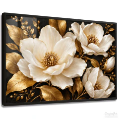 Quadro Decorativo - Flores Brancas com Folhas Douradas, Elegância e Sofisticação cod0702