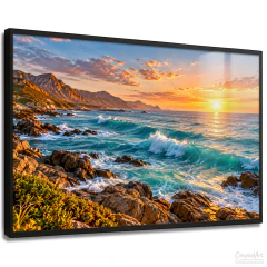 Quadro Decorativo - Paisagem Mar e Montanhas, Ondas do Oceano ao Pôr do Sol cod0712