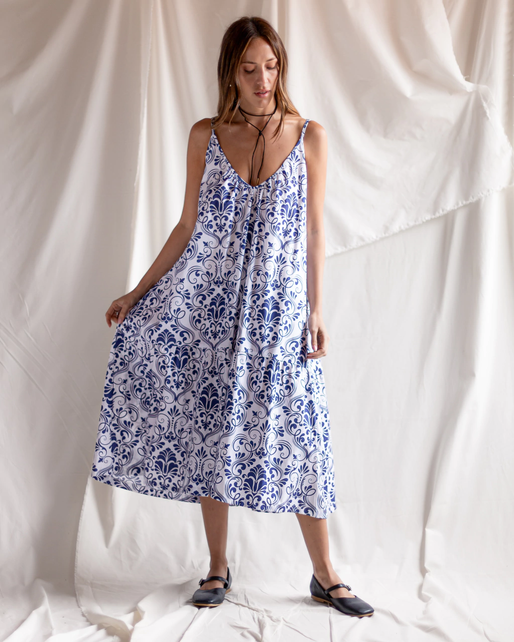 Vestido Bretel Estampado Porcelana