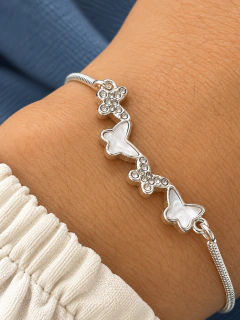 PULSERA AJUSTABLE MARIPOSAS BRILLO Y NÁCAR - ACERO BLANCO