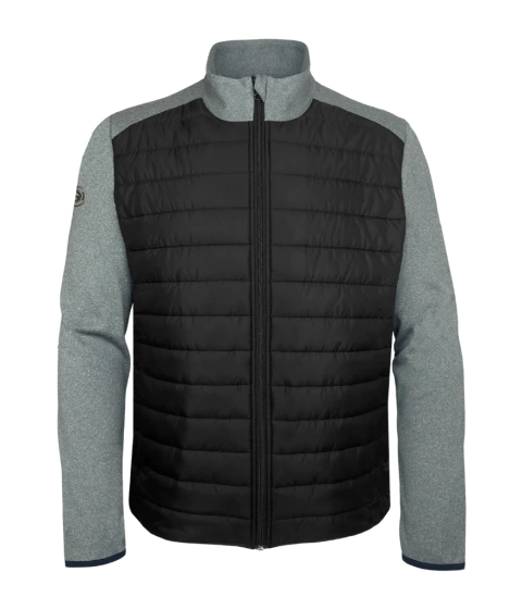 Campera Yayo. Con frente y espalda en matelasse negro, cierre frontal reforzado en negro. Mangas y cuello en deportivo gris melange y bolsillos laterales con cierre. Posee elástico partido como terminación en puños y cintura.