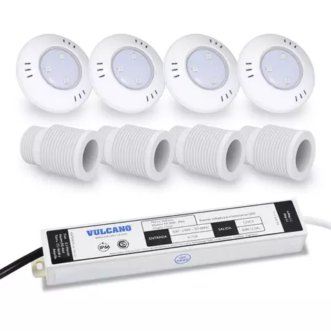 4 opticas hiper led brustec + 4 pasamuro 3/4" vulcano y fuente 30w vulcano