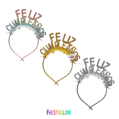 VINCHA FELIZ CUMPLEAÑOS CON FLECOS IRIDISCENTES