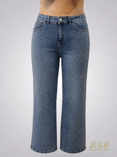 Jean Semi Recto Celeste con Detalles con Strass ART9309