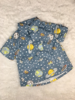 Camisa Social Manga Curta Astronauta Azul Jeans - 1 ano