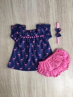 Vestido Pompom Flamingo Azul Marinho com Tiara