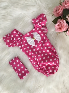Banho de Sol com Turbante Poá Rosa com Branco - 0 a 6 meses