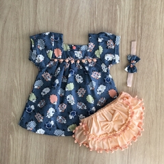 Vestido Pompom Ovelhinhas Jeans com Tiara