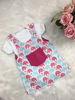 Salopete Elefante Azul e Rosa com Tiara