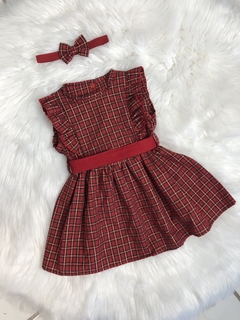 Vestido Xadrez Vermelho e Dourado com Tiara