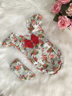 Banho de Sol com Turbante Floral Azul Claro com Vermelho - 0 a 6 meses