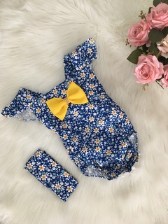 Banho de Sol com Turbante Floral Azul Escuro e Amarelo - 0 a 6 meses