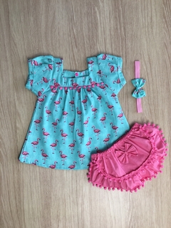 Vestido Pompom Flamingo Verde com Tiara