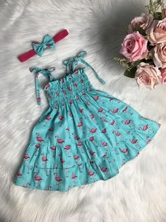Vestido Candy Flamingo Verde com Tiara