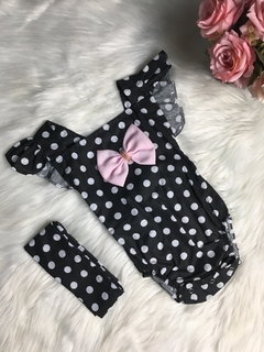 Banho de Sol com Turbante Poá Preto e Rosa - 0 a 6 meses