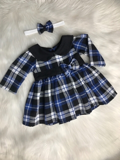 Vestido Xadrez Azul Flanelado com Tiara