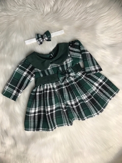 Vestido Xadrez Verde Flanelado com Tiara