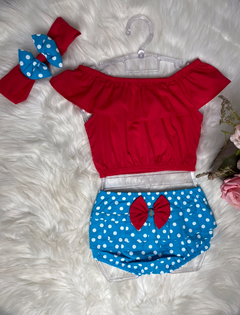 Conjunto Cropped com Bunda Rica Poá Azul e Vermelho + laço - 2 anos