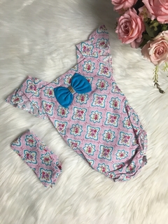 Banho de Sol com Turbante Mandala Floral Rosa e Azul - 0 a 6 meses